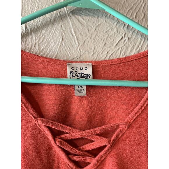 Como Vintage Women's Sweater Size XXL Orange Lace Up V Neck Sharkbite Hem - Picture 2 of 3